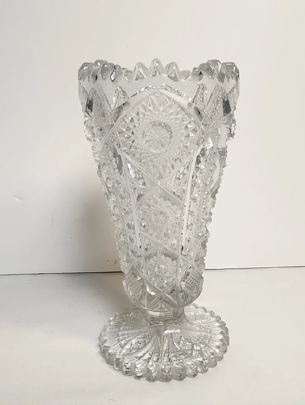 Brunswick Brilliant Cut Glass Vase Hobstar Sawtooth Rim  6 1/2” Tall